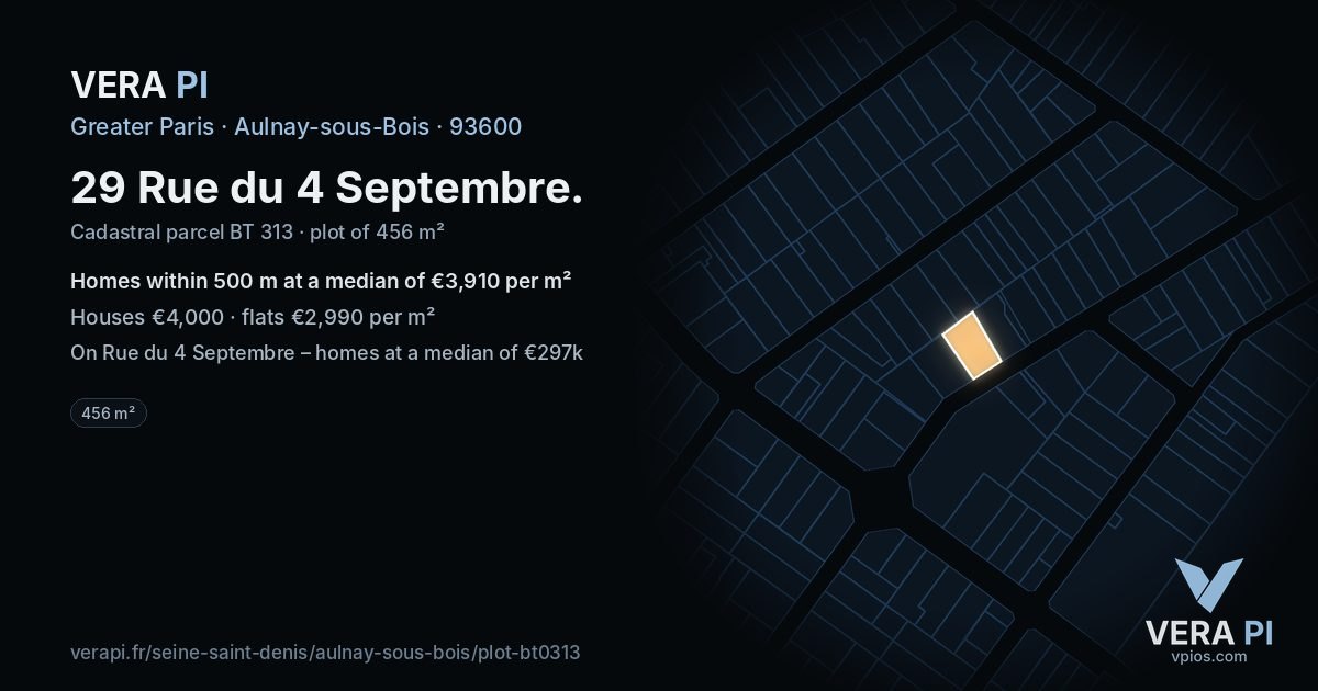 29 Rue du 4 Septembre, Aulnay-sous-Bois at night – the plot lit, the parcels around coloured by the prices near them