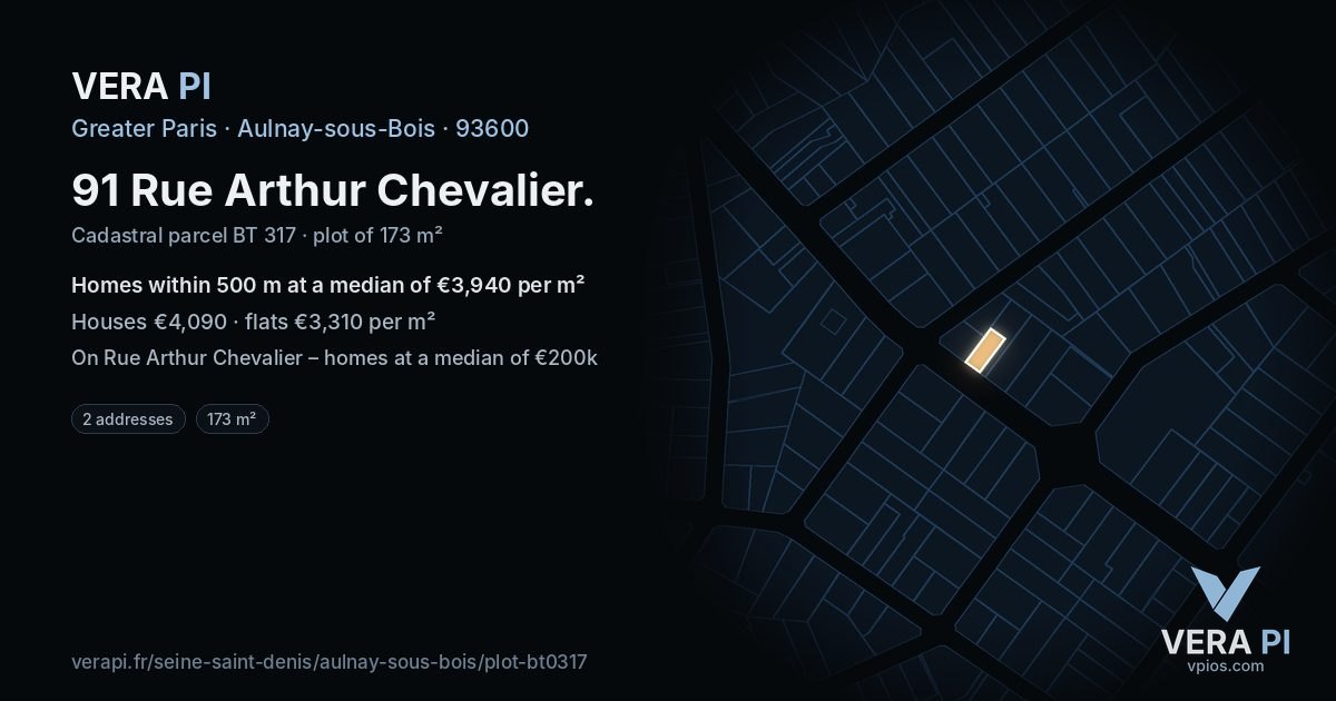 91 Rue Arthur Chevalier, Aulnay-sous-Bois at night – the plot lit, the parcels around coloured by the prices near them