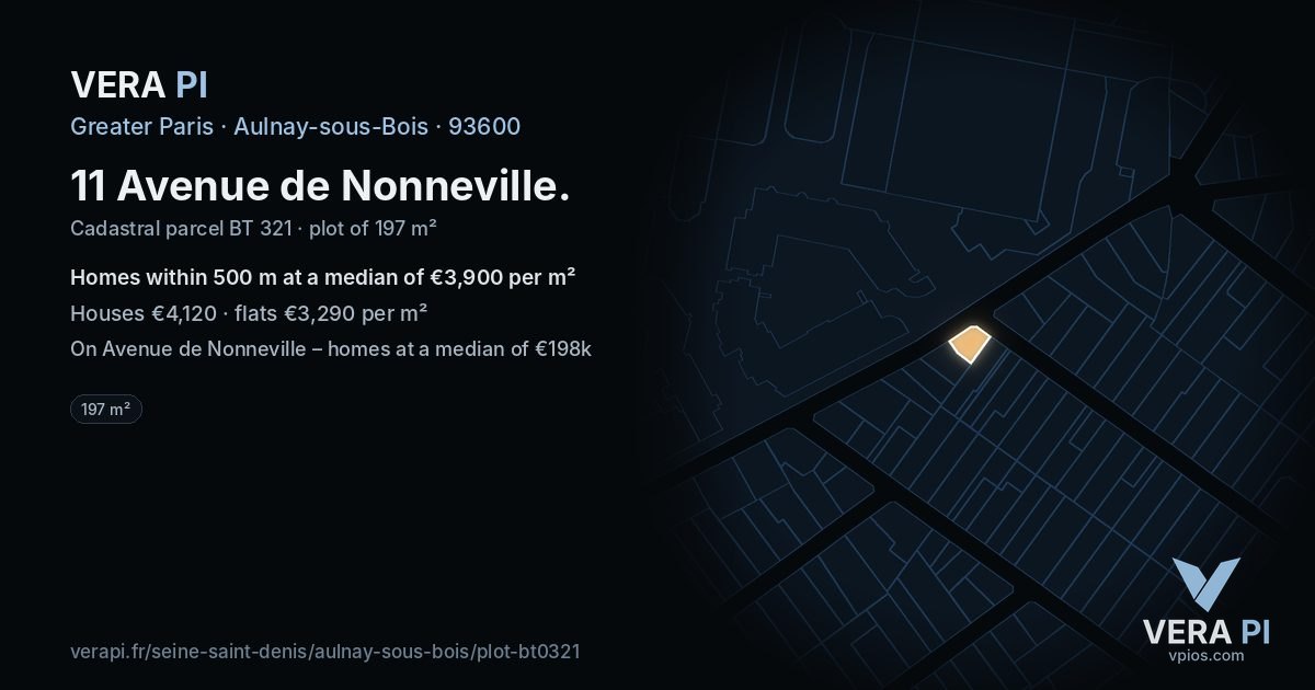 11 Avenue de Nonneville, Aulnay-sous-Bois at night – the plot lit, the parcels around coloured by the prices near them