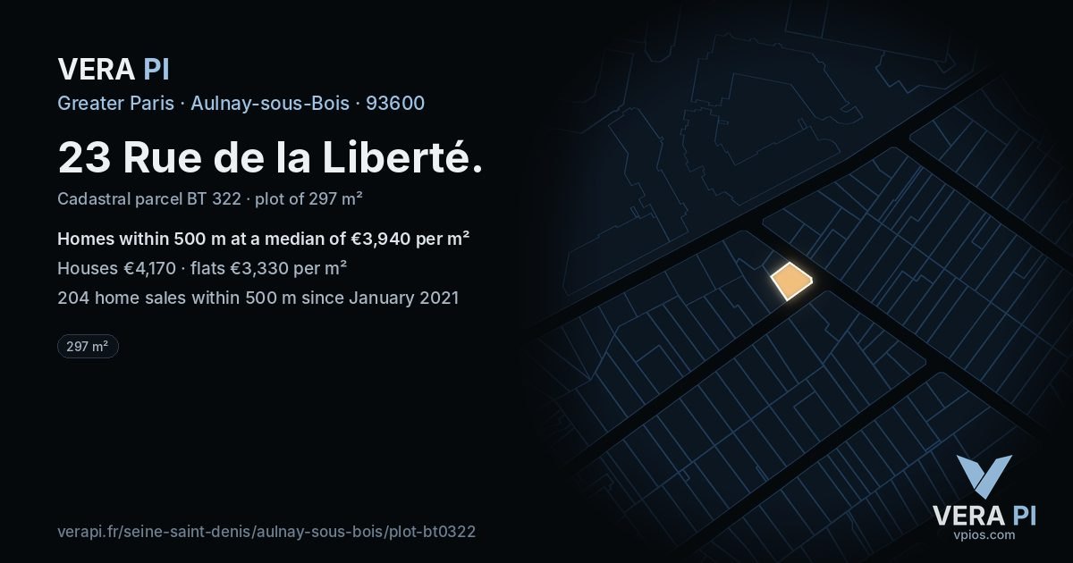 23 Rue de la Liberté, Aulnay-sous-Bois at night – the plot lit, the parcels around coloured by the prices near them