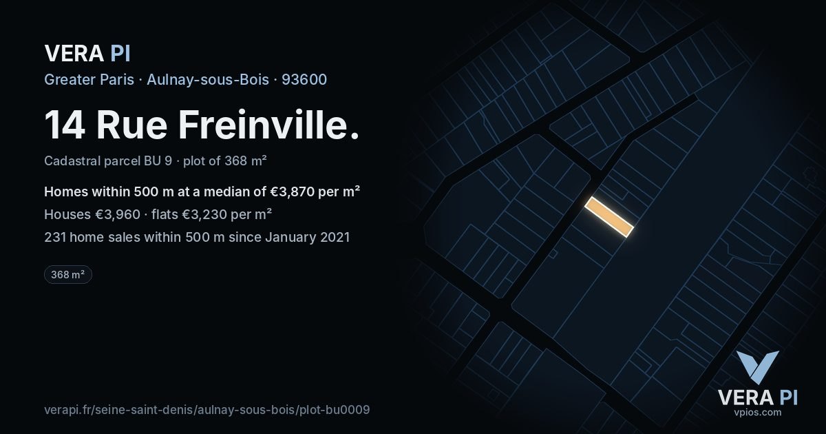 14 Rue Freinville, Aulnay-sous-Bois at night – the plot lit, the parcels around coloured by the prices near them