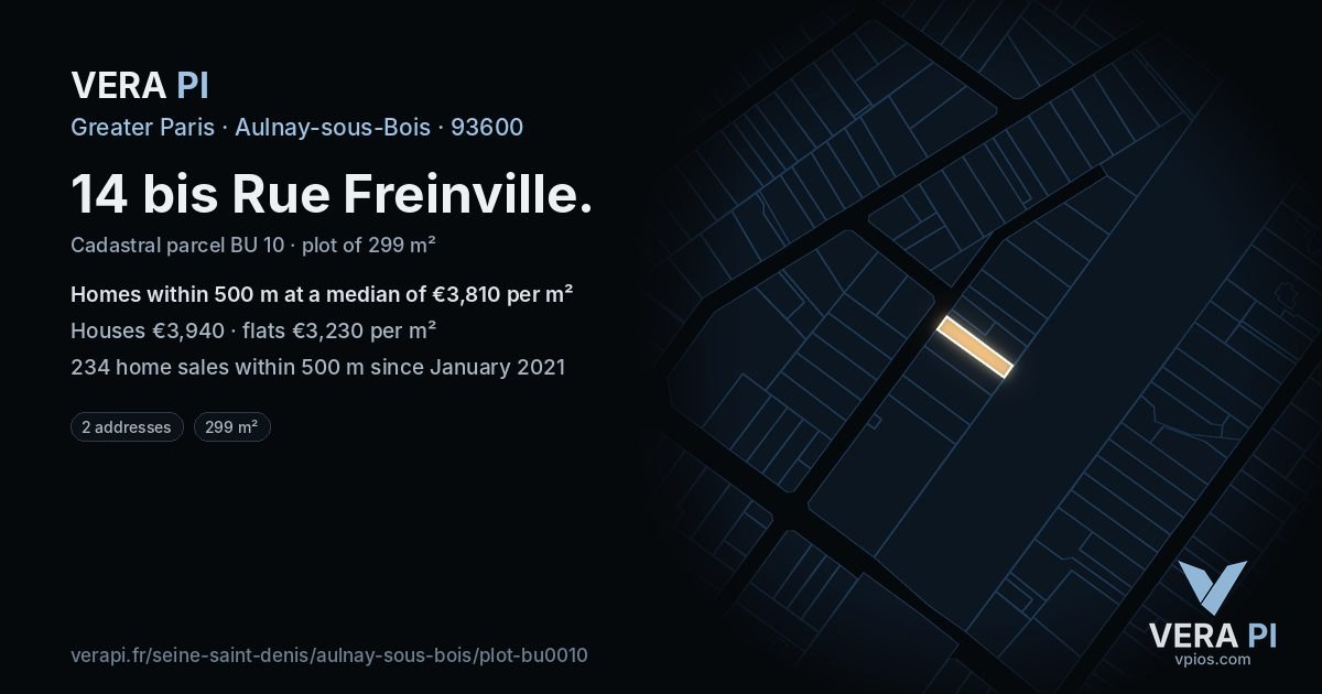 14 bis Rue Freinville, Aulnay-sous-Bois at night – the plot lit, the parcels around coloured by the prices near them