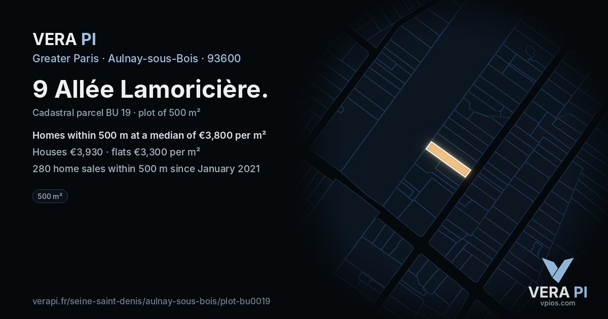 9 Allée Lamoricière, Aulnay-sous-Bois at night – the plot lit, the parcels around coloured by the prices near them