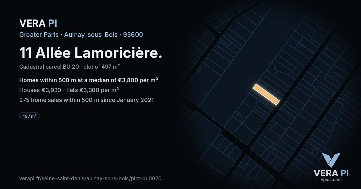 11 Allée Lamoricière, Aulnay-sous-Bois at night – the plot lit, the parcels around coloured by the prices near them