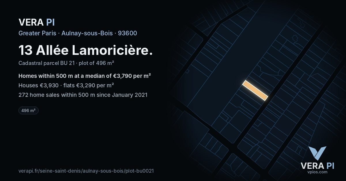 13 Allée Lamoricière, Aulnay-sous-Bois at night – the plot lit, the parcels around coloured by the prices near them