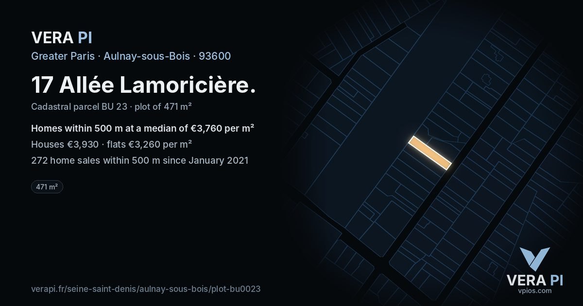 17 Allée Lamoricière, Aulnay-sous-Bois at night – the plot lit, the parcels around coloured by the prices near them