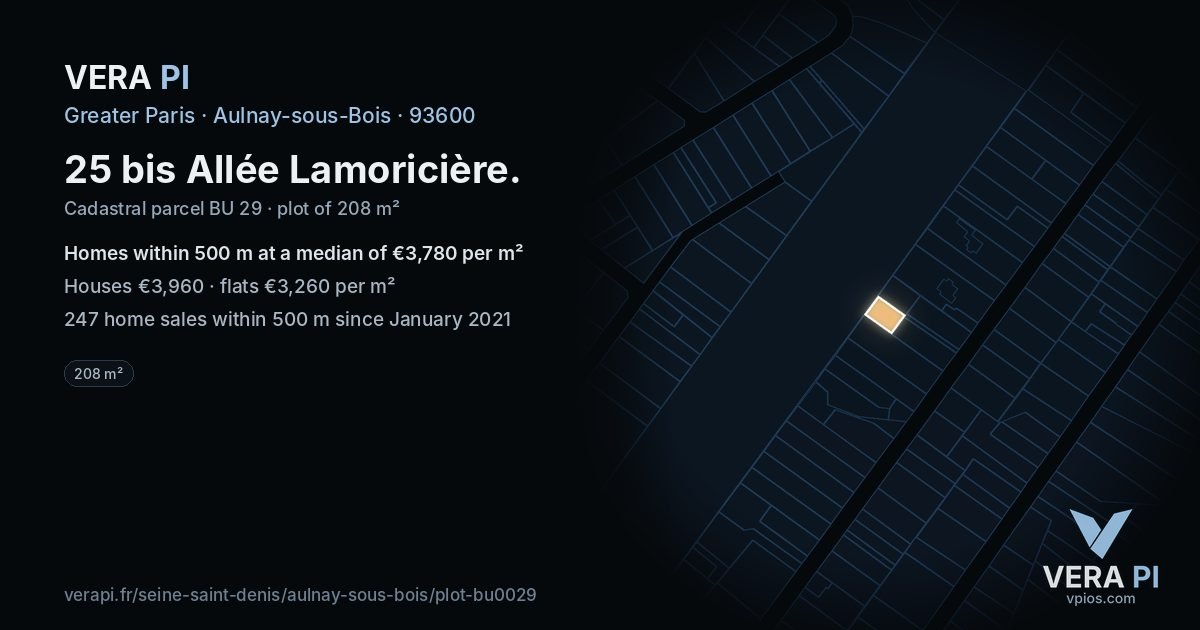 25 bis Allée Lamoricière, Aulnay-sous-Bois at night – the plot lit, the parcels around coloured by the prices near them