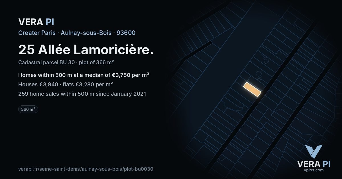 25 Allée Lamoricière, Aulnay-sous-Bois at night – the plot lit, the parcels around coloured by the prices near them