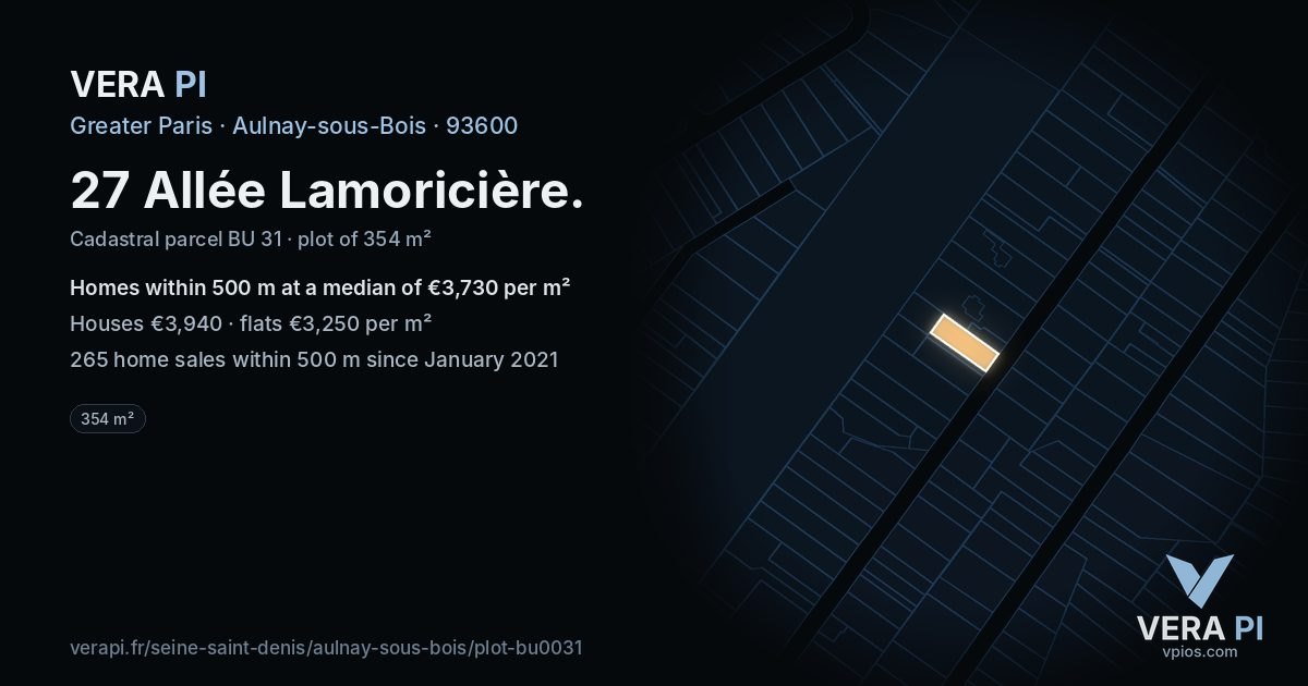 27 Allée Lamoricière, Aulnay-sous-Bois at night – the plot lit, the parcels around coloured by the prices near them