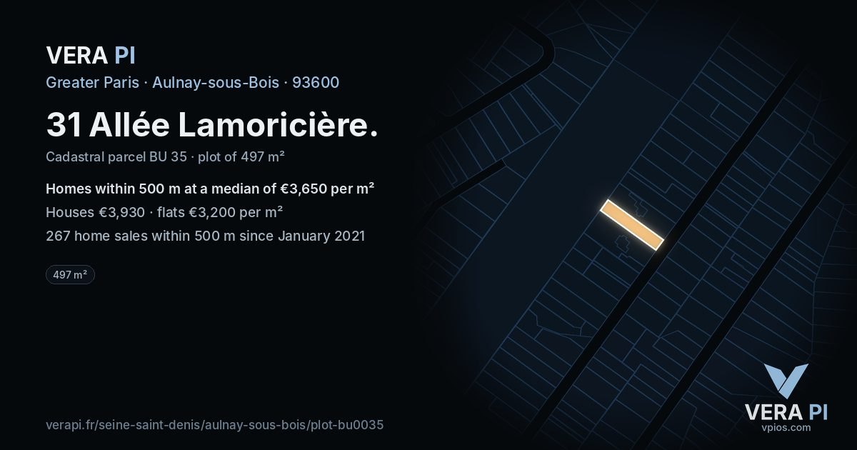 31 Allée Lamoricière, Aulnay-sous-Bois at night – the plot lit, the parcels around coloured by the prices near them
