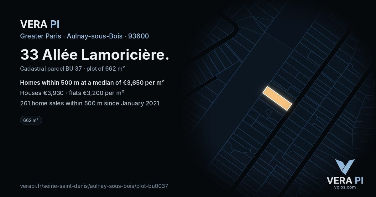 33 Allée Lamoricière, Aulnay-sous-Bois at night – the plot lit, the parcels around coloured by the prices near them