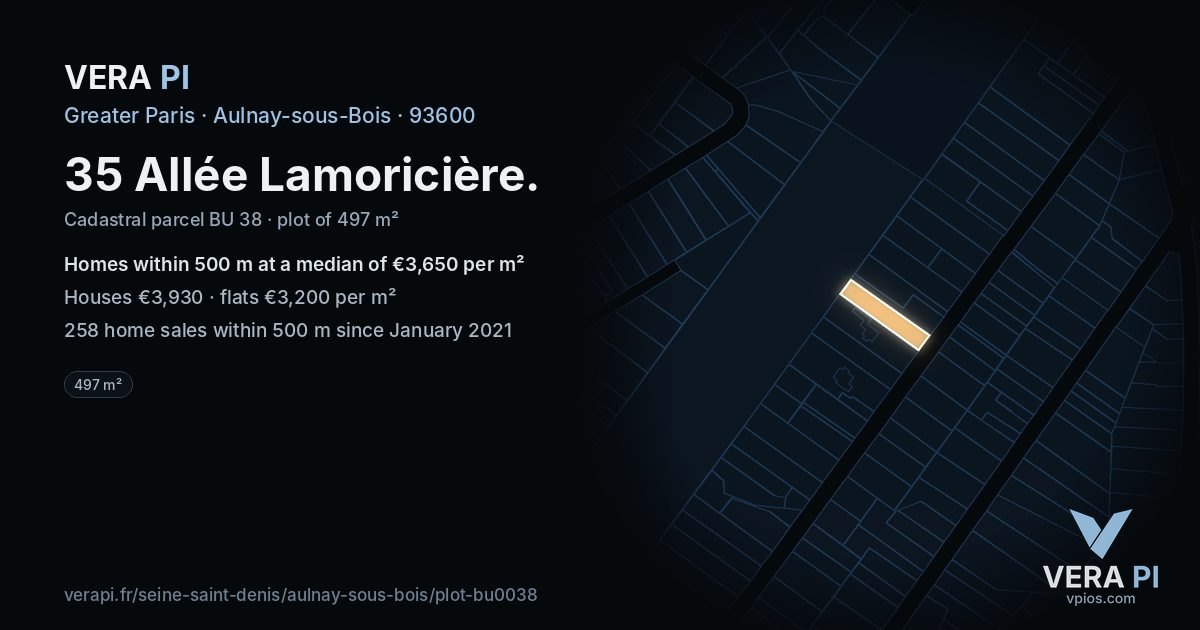 35 Allée Lamoricière, Aulnay-sous-Bois at night – the plot lit, the parcels around coloured by the prices near them