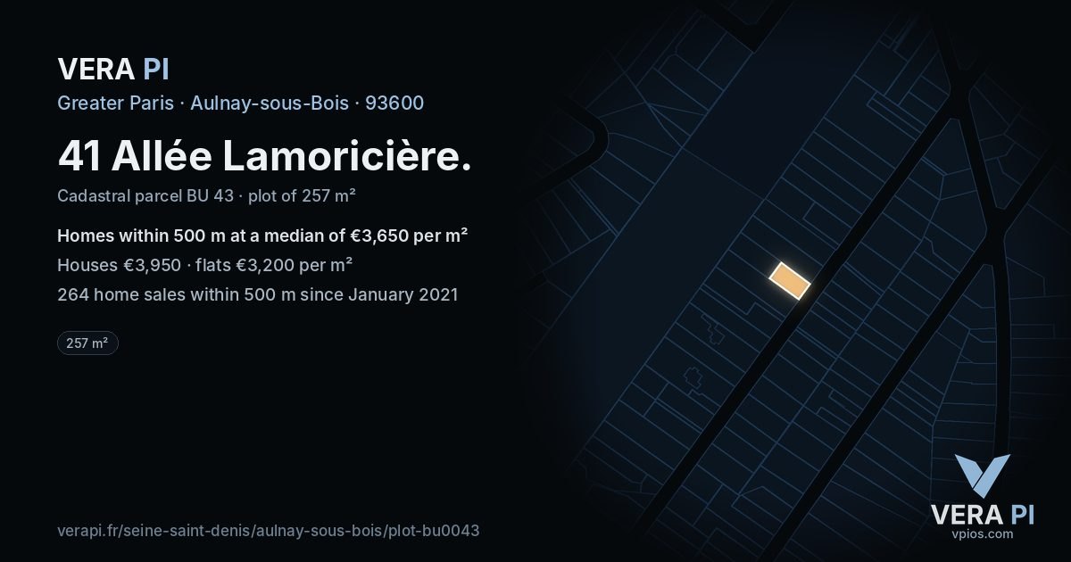 41 Allée Lamoricière, Aulnay-sous-Bois at night – the plot lit, the parcels around coloured by the prices near them
