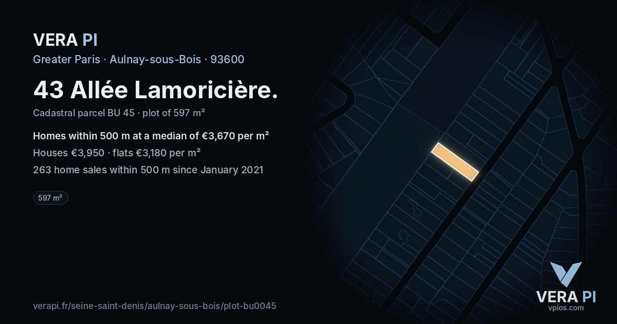 43 Allée Lamoricière, Aulnay-sous-Bois at night – the plot lit, the parcels around coloured by the prices near them