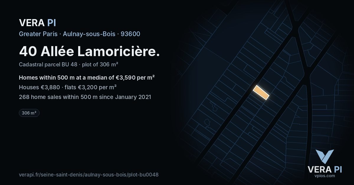 40 Allée Lamoricière, Aulnay-sous-Bois at night – the plot lit, the parcels around coloured by the prices near them