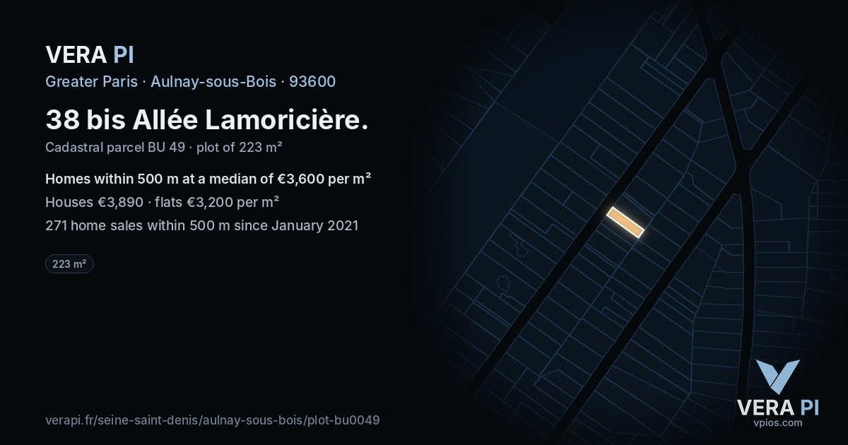 38 bis Allée Lamoricière, Aulnay-sous-Bois at night – the plot lit, the parcels around coloured by the prices near them