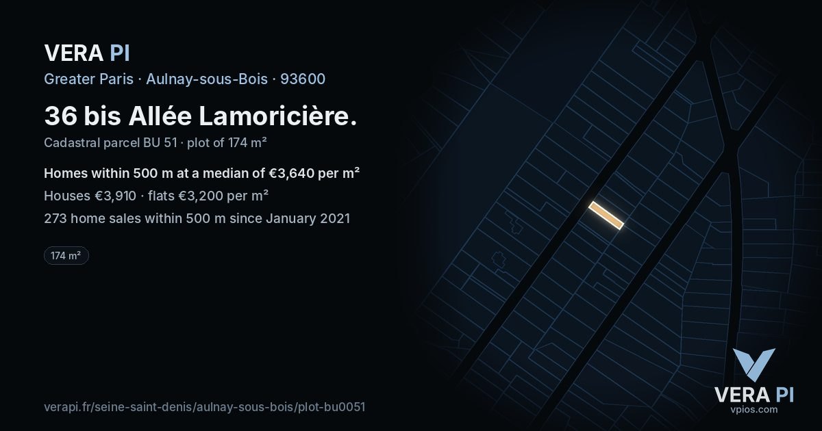 36 bis Allée Lamoricière, Aulnay-sous-Bois at night – the plot lit, the parcels around coloured by the prices near them