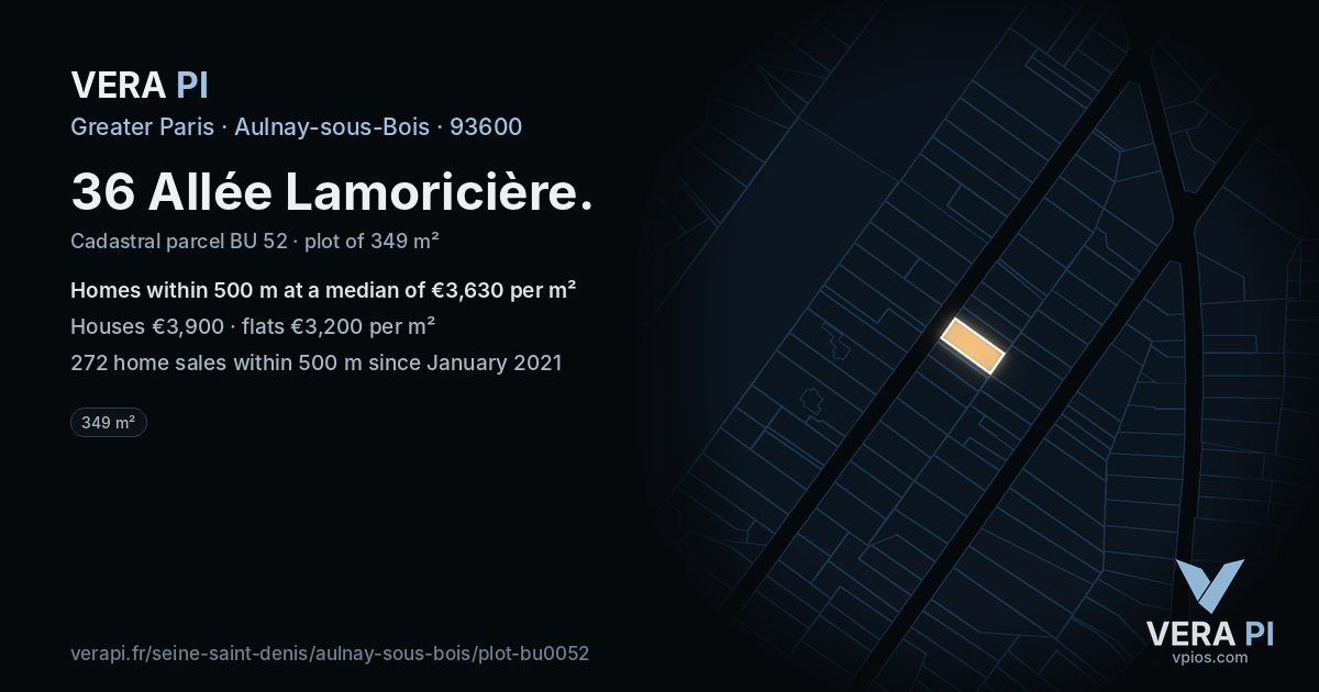 36 Allée Lamoricière, Aulnay-sous-Bois at night – the plot lit, the parcels around coloured by the prices near them