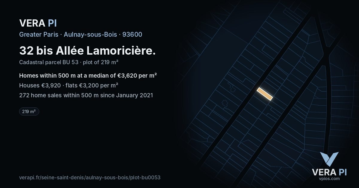 32 bis Allée Lamoricière, Aulnay-sous-Bois at night – the plot lit, the parcels around coloured by the prices near them