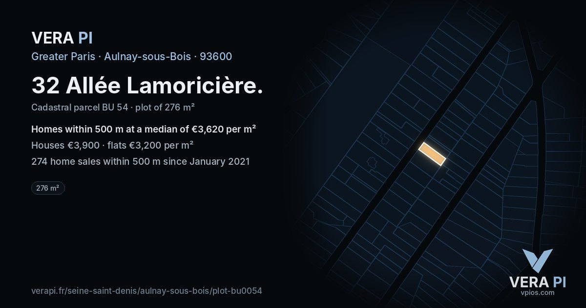 32 Allée Lamoricière, Aulnay-sous-Bois at night – the plot lit, the parcels around coloured by the prices near them