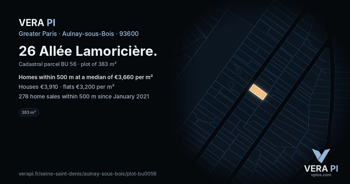 26 Allée Lamoricière, Aulnay-sous-Bois at night – the plot lit, the parcels around coloured by the prices near them