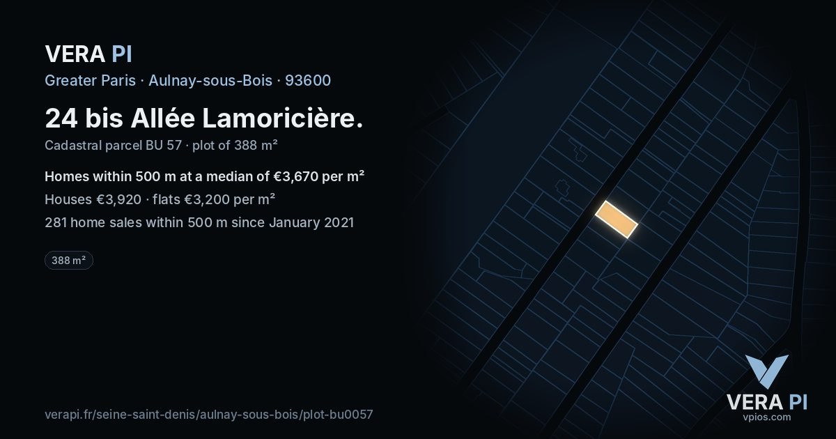 24 bis Allée Lamoricière, Aulnay-sous-Bois at night – the plot lit, the parcels around coloured by the prices near them