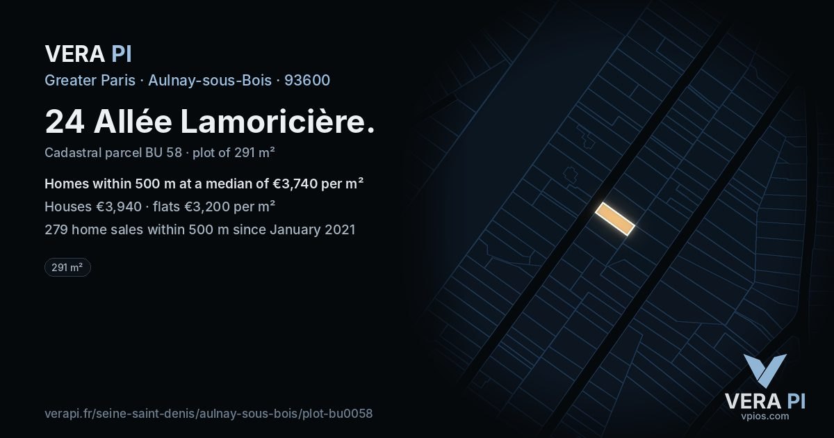 24 Allée Lamoricière, Aulnay-sous-Bois at night – the plot lit, the parcels around coloured by the prices near them