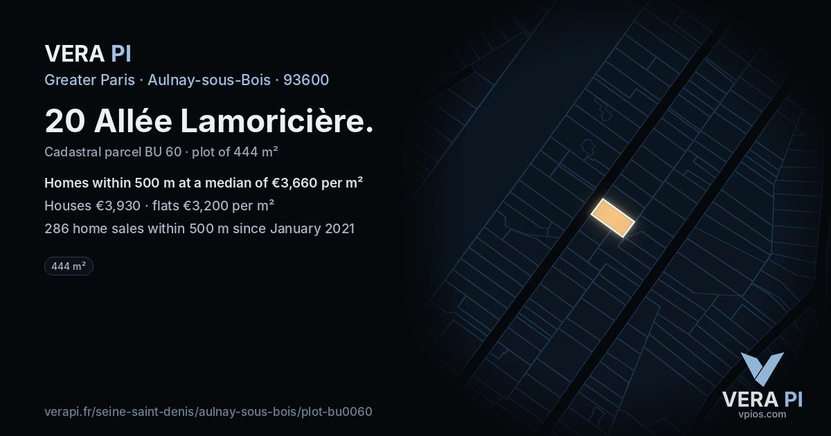 20 Allée Lamoricière, Aulnay-sous-Bois at night – the plot lit, the parcels around coloured by the prices near them