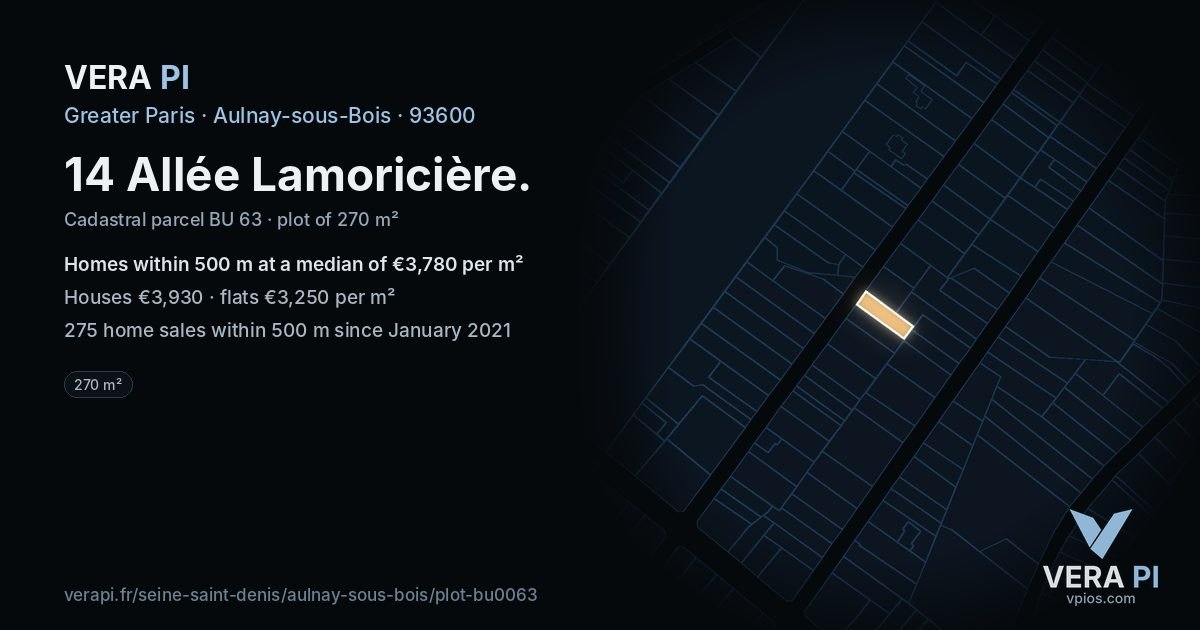 14 Allée Lamoricière, Aulnay-sous-Bois at night – the plot lit, the parcels around coloured by the prices near them