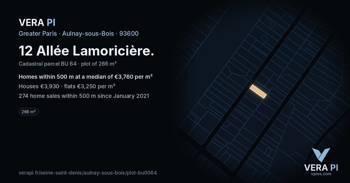 12 Allée Lamoricière, Aulnay-sous-Bois at night – the plot lit, the parcels around coloured by the prices near them