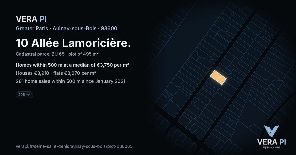 10 Allée Lamoricière, Aulnay-sous-Bois at night – the plot lit, the parcels around coloured by the prices near them