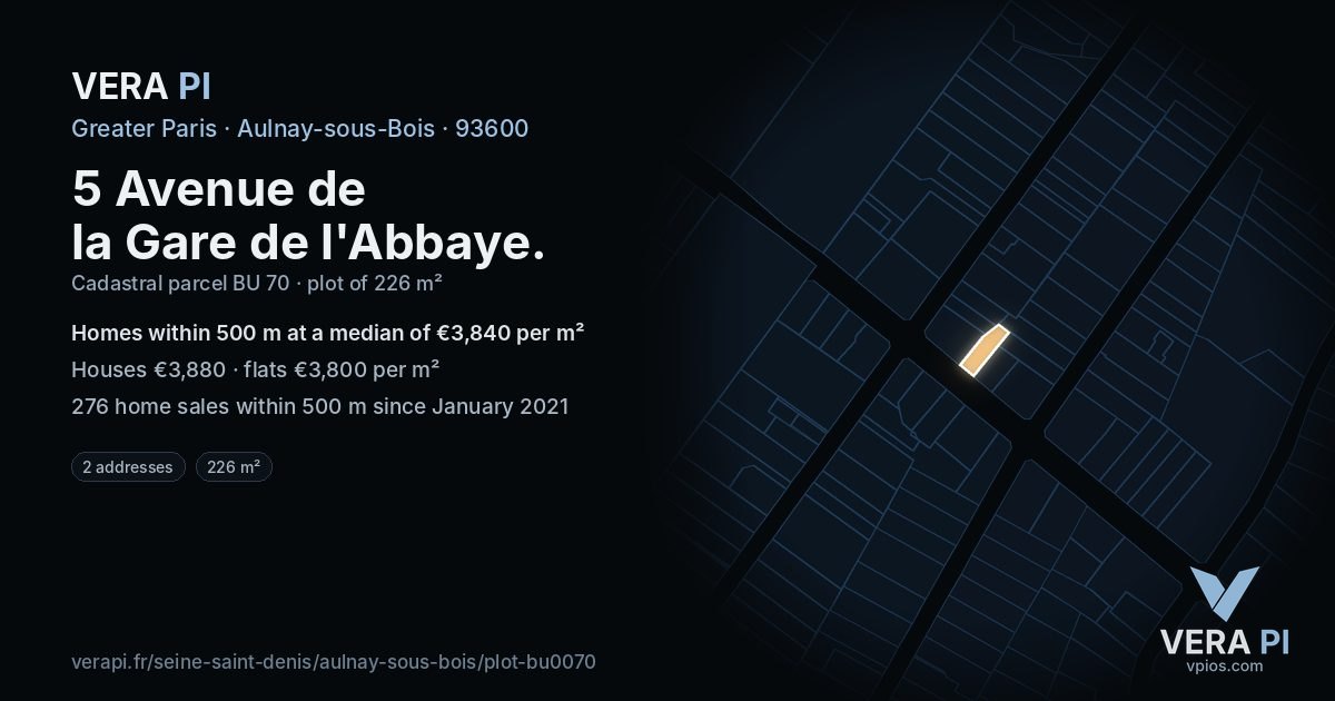 5 Avenue de la Gare de l'Abbaye, Aulnay-sous-Bois at night – the plot lit, the parcels around coloured by the prices near them