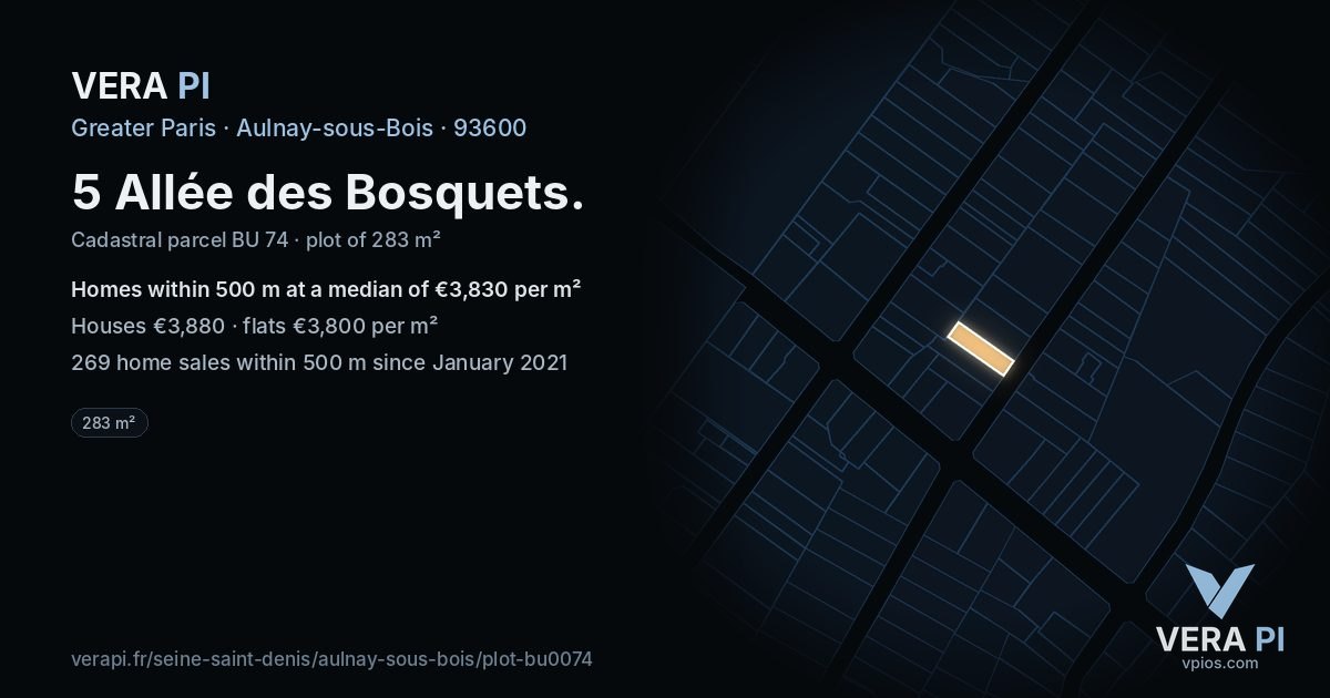 5 Allée des Bosquets, Aulnay-sous-Bois at night – the plot lit, the parcels around coloured by the prices near them