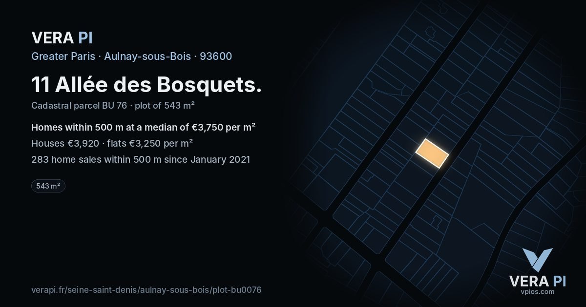 11 Allée des Bosquets, Aulnay-sous-Bois at night – the plot lit, the parcels around coloured by the prices near them