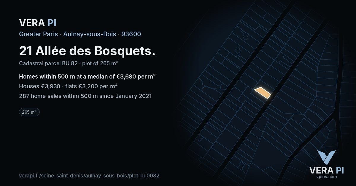 21 Allée des Bosquets, Aulnay-sous-Bois at night – the plot lit, the parcels around coloured by the prices near them