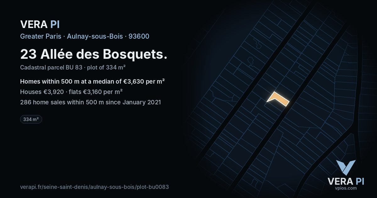 23 Allée des Bosquets, Aulnay-sous-Bois at night – the plot lit, the parcels around coloured by the prices near them