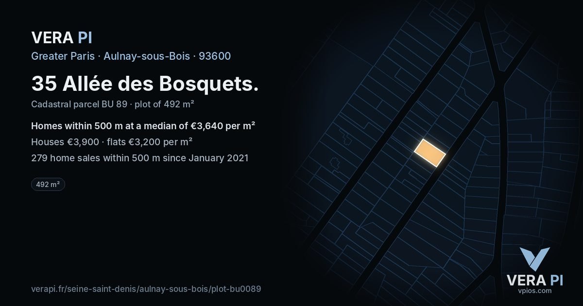 35 Allée des Bosquets, Aulnay-sous-Bois at night – the plot lit, the parcels around coloured by the prices near them