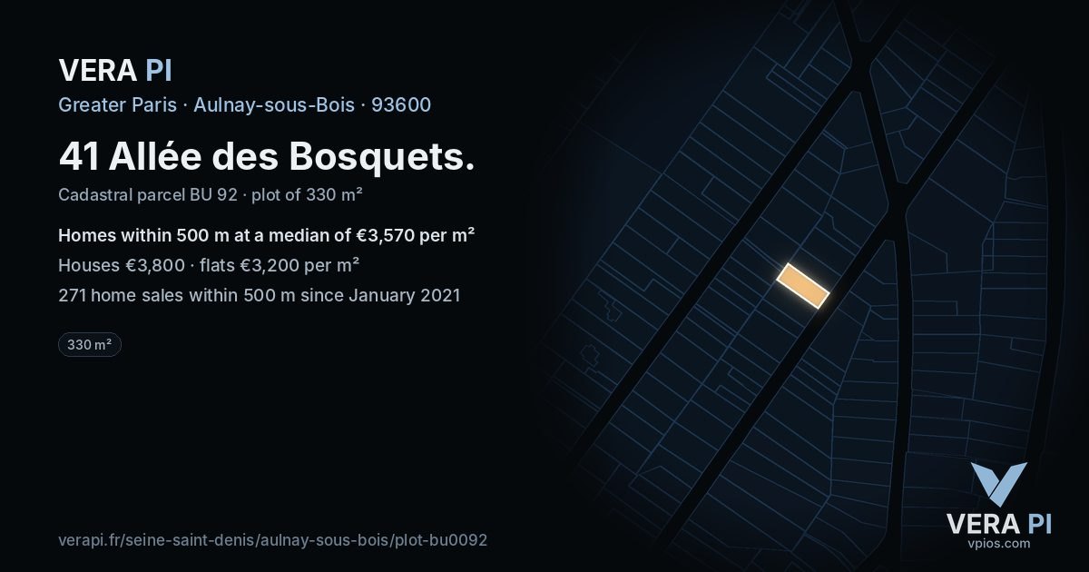 41 Allée des Bosquets, Aulnay-sous-Bois at night – the plot lit, the parcels around coloured by the prices near them