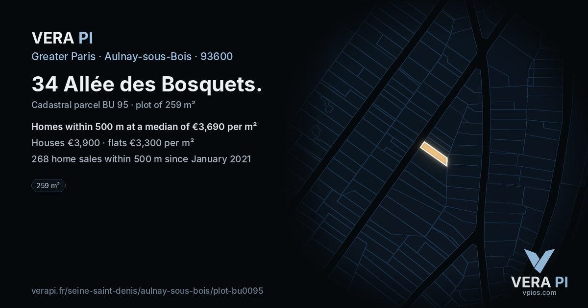 34 Allée des Bosquets, Aulnay-sous-Bois at night – the plot lit, the parcels around coloured by the prices near them