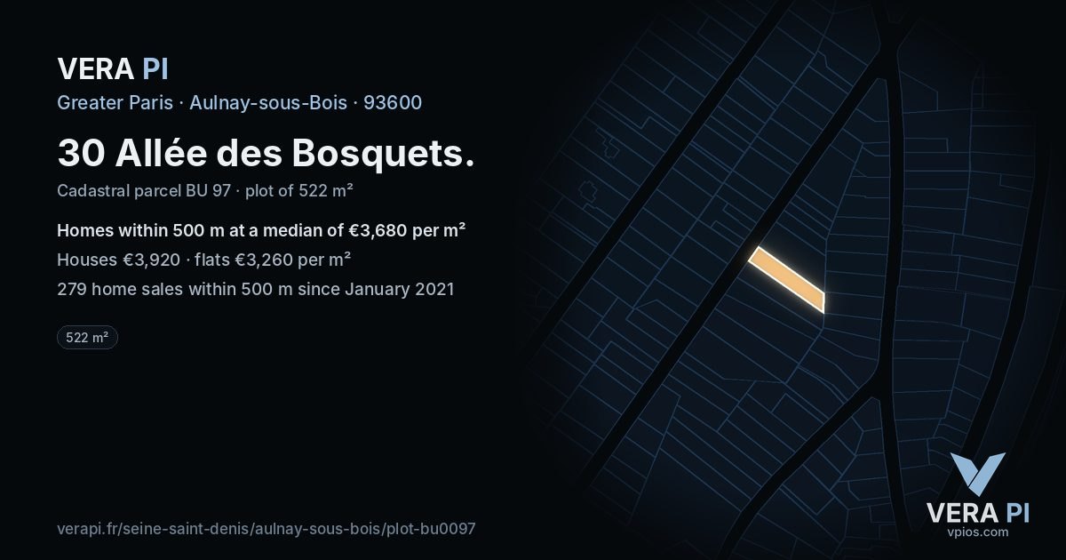 30 Allée des Bosquets, Aulnay-sous-Bois at night – the plot lit, the parcels around coloured by the prices near them