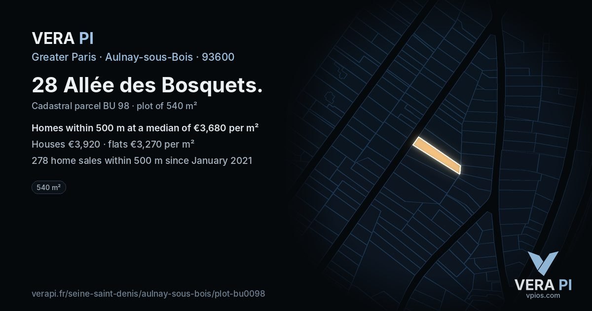 28 Allée des Bosquets, Aulnay-sous-Bois at night – the plot lit, the parcels around coloured by the prices near them