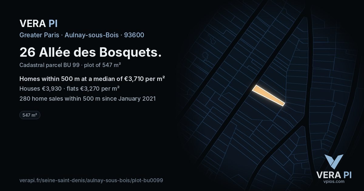 26 Allée des Bosquets, Aulnay-sous-Bois at night – the plot lit, the parcels around coloured by the prices near them