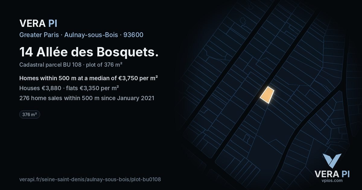 14 Allée des Bosquets, Aulnay-sous-Bois at night – the plot lit, the parcels around coloured by the prices near them
