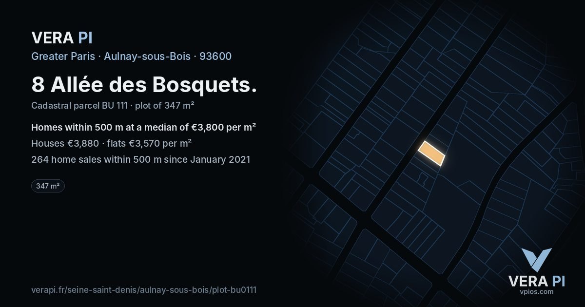 8 Allée des Bosquets, Aulnay-sous-Bois at night – the plot lit, the parcels around coloured by the prices near them