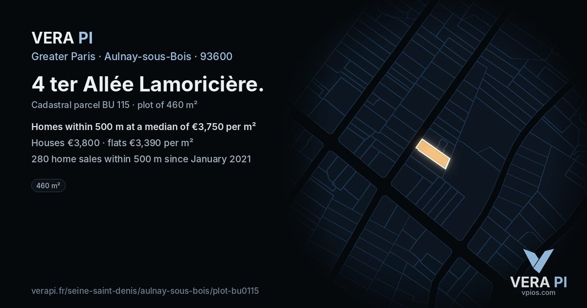 4 ter Allée Lamoricière, Aulnay-sous-Bois at night – the plot lit, the parcels around coloured by the prices near them