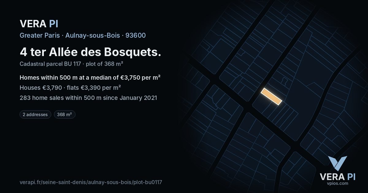4 ter Allée des Bosquets, Aulnay-sous-Bois at night – the plot lit, the parcels around coloured by the prices near them