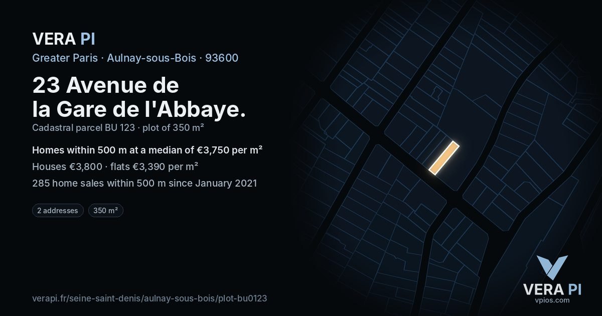 23 Avenue de la Gare de l'Abbaye, Aulnay-sous-Bois at night – the plot lit, the parcels around coloured by the prices near them