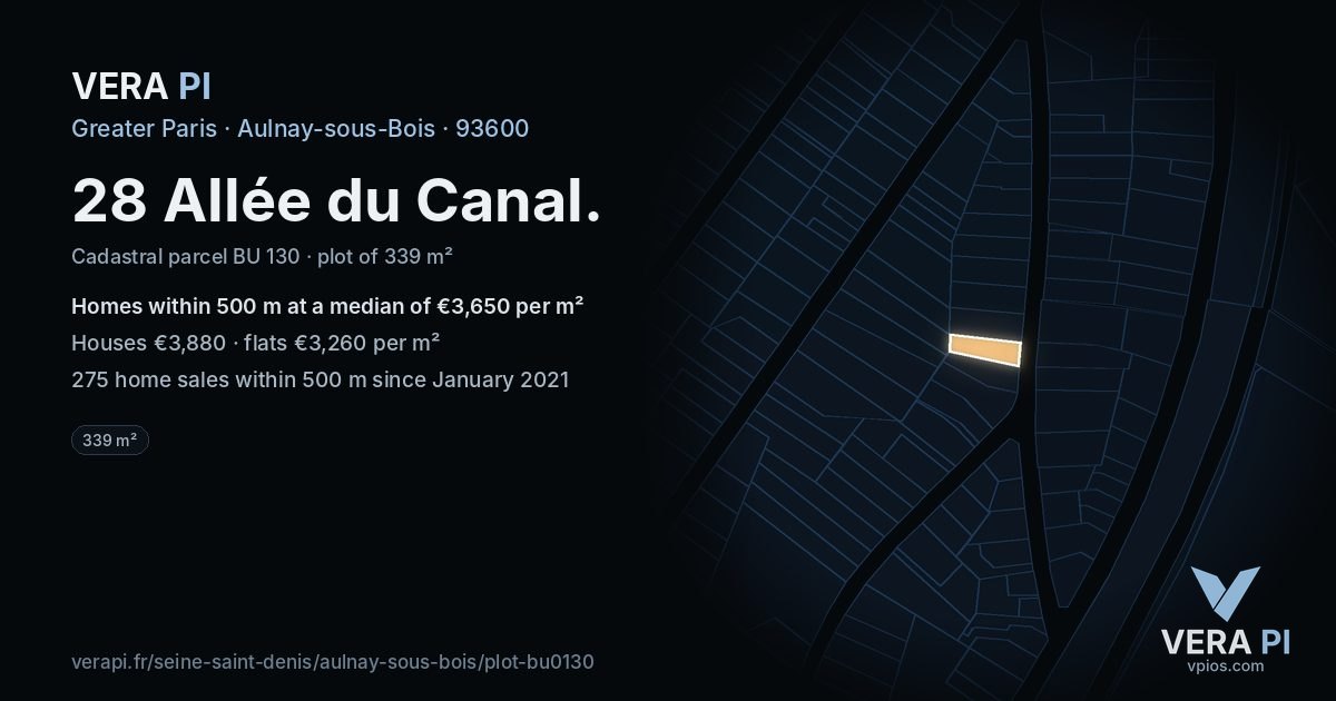 28 Allée du Canal, Aulnay-sous-Bois at night – the plot lit, the parcels around coloured by the prices near them