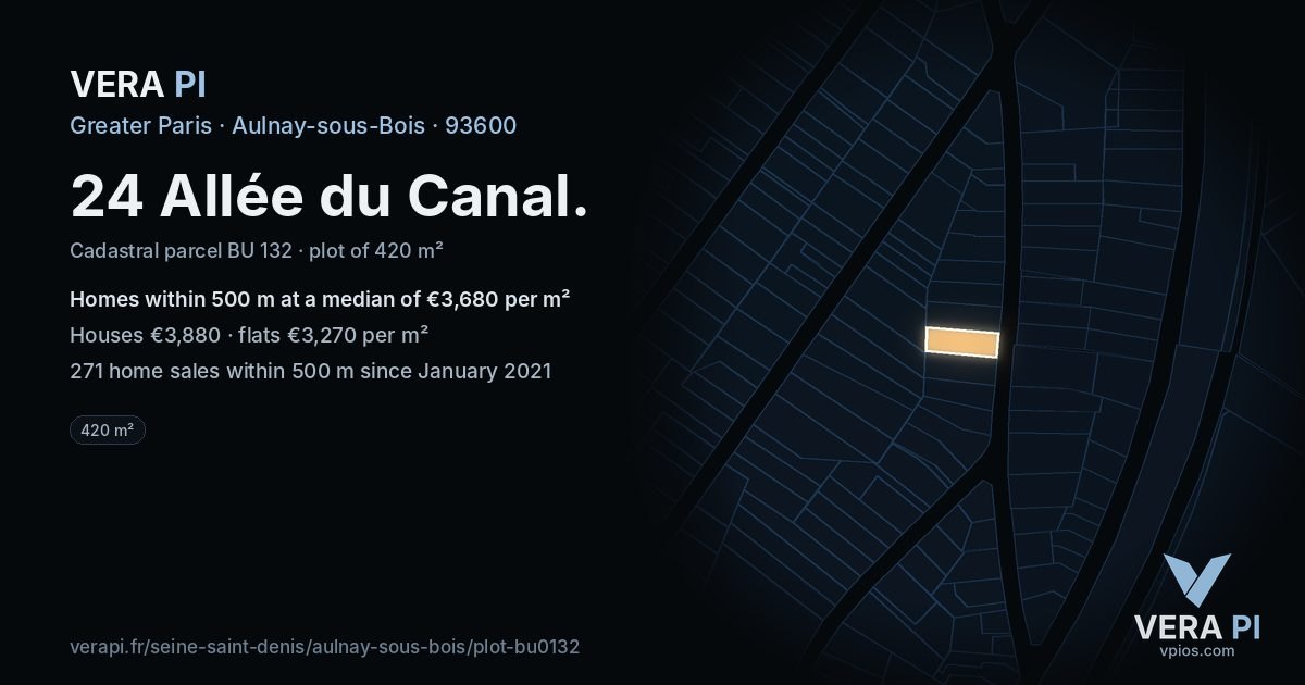 24 Allée du Canal, Aulnay-sous-Bois at night – the plot lit, the parcels around coloured by the prices near them