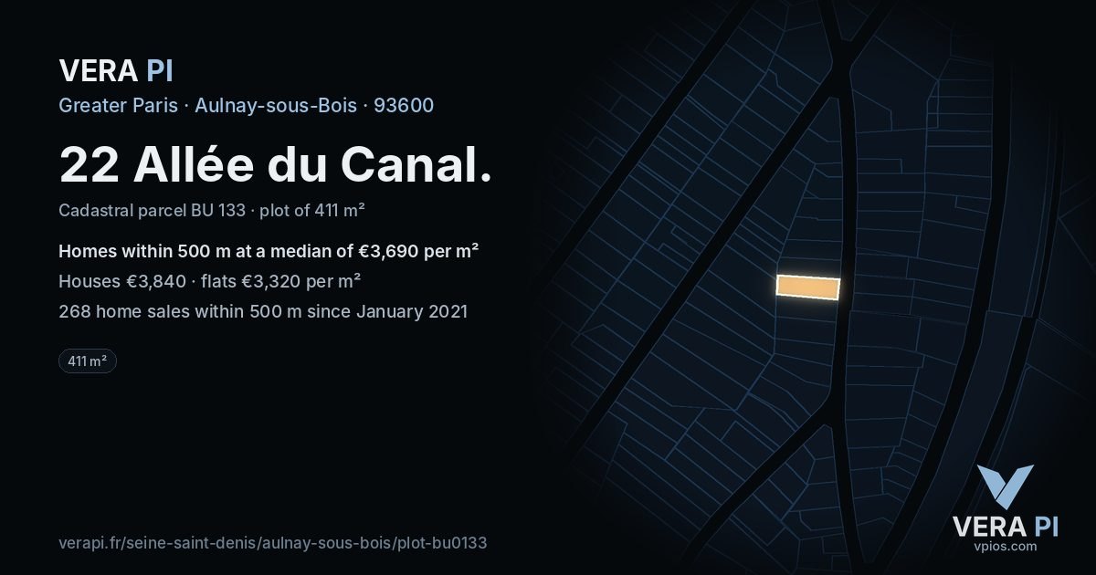 22 Allée du Canal, Aulnay-sous-Bois at night – the plot lit, the parcels around coloured by the prices near them